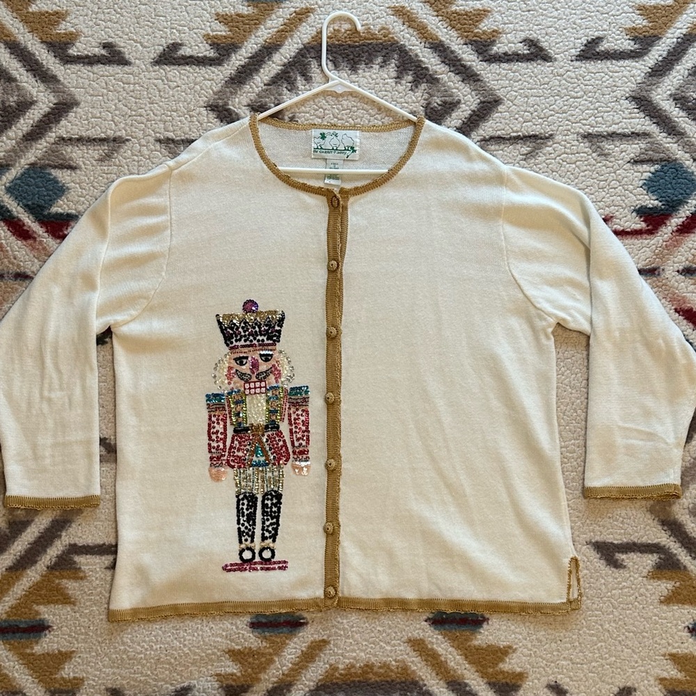 The Quacker Factory Sequin Nutcracker Cardigan Cream Sweater